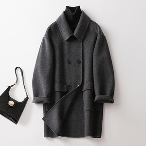 韩版高端深灰色双面羊绒大衣女中长款双排扣澳毛宽松通勤毛呢外套