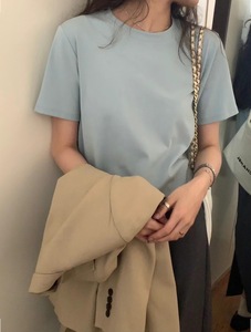 bluepops女装2024夏季新款高品质基础圆领纯色显瘦棉质短袖T恤