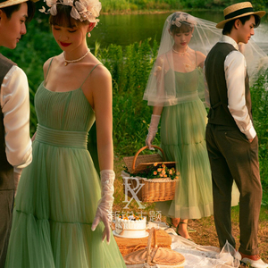 新款影楼主题服装情侣写真婚纱清新绿色时尚简约中长小短裙礼服