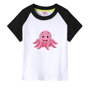 章鱼可爱小鱼印花图男女童儿童装学生表演衣服短袖宝宝亲子t恤衫