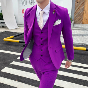 紫色西服套装男士修身伴郎团结婚礼服影楼发型师青年表演主持西服