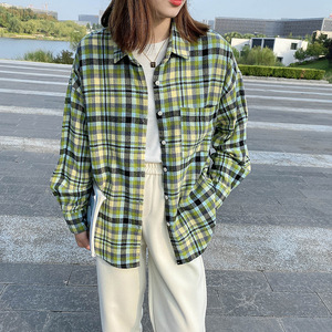 韩版格子衬衫女大码秋季新款复古格纹磨毛宽松秋冬长袖衬衣