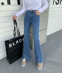qiqi琦琦6096#春新 高腰显瘦弹力蓝色长款前开叉微喇叭牛仔拖地裤
