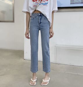 qiqi琦琦6115#夏 高腰显瘦弹力后开叉浅蓝撞色毛边直筒九分牛仔裤