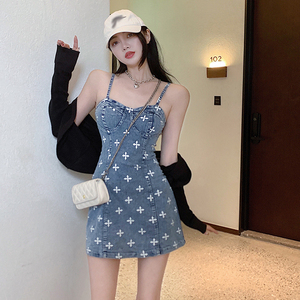 春夏港味chic少女复古裹胸修身包臀小个子短裙印花吊带牛仔连衣裙