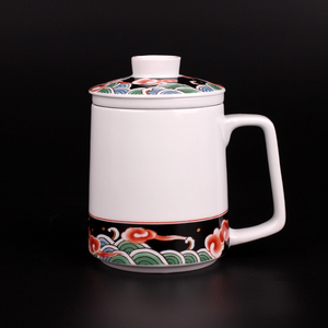 景德镇陶瓷茶杯 简约带盖过滤祥云纹陶瓷杯 中国风送礼品办公杯子