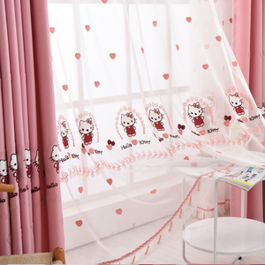 韩式粉色女孩卧室落地飘窗儿童kt猫卡通棉麻成品遮光绣花窗帘窗纱