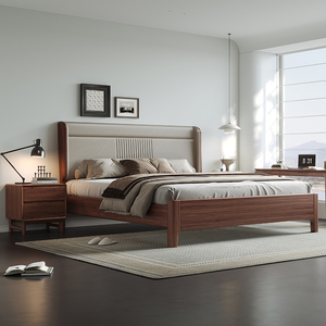 新中式黑胡桃木真皮软靠实木床1.8米主卧皮靠双人床1.5米卧室家具