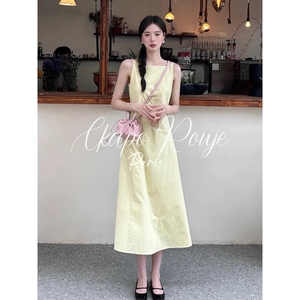 Ckapo Rouje法式嫩黄色无袖吊带连衣裙女夏季高级感收腰显瘦长裙