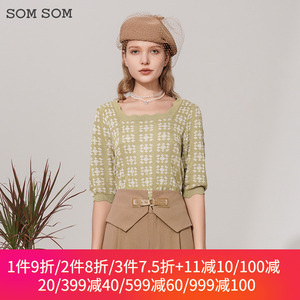 SOMSOM/索玛法式方领印花五分袖针织衫女秋季短款小衫减龄上衣服