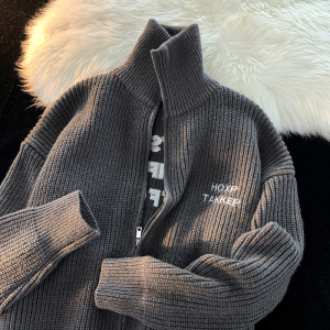 allenins国潮牌美式复古字母刺绣高领拉链毛衣男休闲bf情侣毛线衫