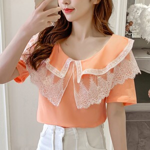 蕾丝拼接娃娃领短袖t恤女夏季2022年新款宽松显瘦纯色小衫上衣服