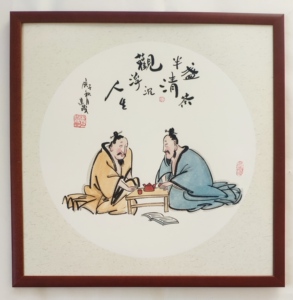 纯手工绘制新中式国画写意人物品茗图已经装裱配实木框 52乘52