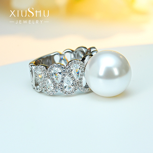 法式S型满钻澳白贝母珍珠925银戒指镶嵌食指夸张大奢华重工