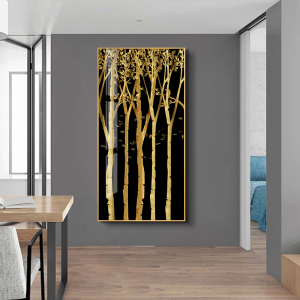 门口玄关过道装饰画隐形门入室墙布金色树挂画迎门墙正对大门壁画