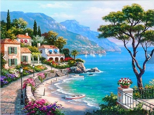 3d地中海墙布海边花园风景油画背景墙纸壁画客厅卧室欧洲小镇壁纸