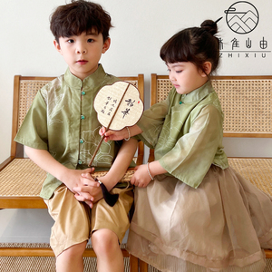 儿童汉服新中式夏装女童超仙绿色中国风唐装男童国学服演出服古装