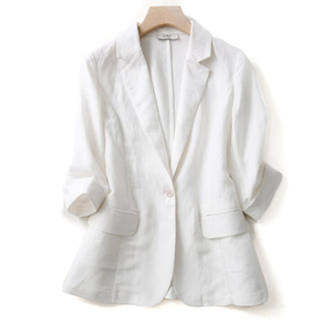 白色亚麻西装外套女春季新款带口袋九分袖上衣休闲高端棉麻小西服
