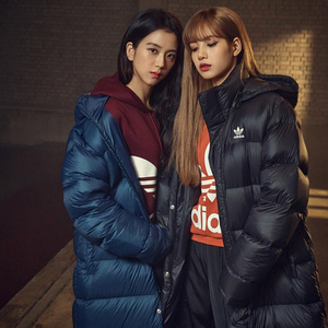 adidas三叶草dn8050 dn8051连帽blackpink长款羽绒服智秀lisa同款