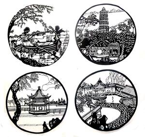 虎丘塔剪纸画风景黑色26cm 4个套纯手工剪纸窗花装饰画