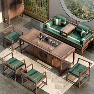 新中式实木老榆木卧榻塌推拉沙发改良罗汉床茶桌椅组合椅客厅套装