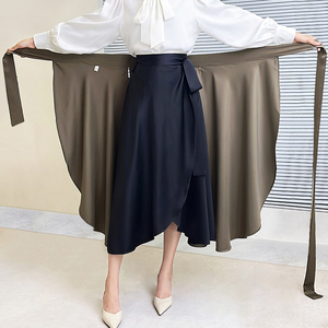 一片式半身裙女秋冬款显瘦绑带缎面裹裙a字伞裙轻奢职业ol风穿搭