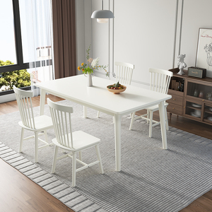 法式奶油风全实木餐桌椅组合家用轻奢小户型暖白色长方形吃饭桌子