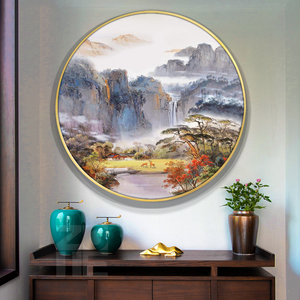 新中式入户玄关装饰画纯手绘风景山水聚宝盆油画定制客厅圆形挂画