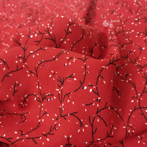 荆棘之吻秋夏新品胭脂红印花布料布不透佐织麻日韩连衣裙衬衣面料