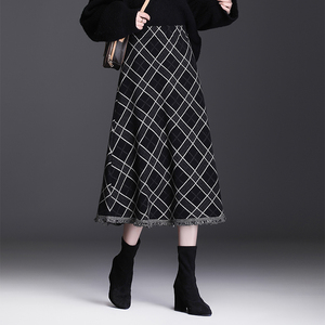 黑白格子冬季半身裙女加厚针织半裙气质秋冬a字毛线裙子半身长裙