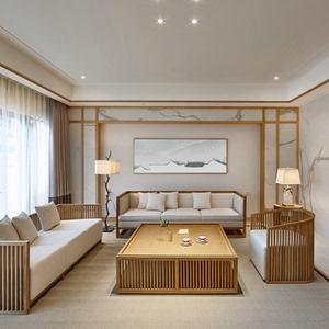 新中式实木沙发组合现代轻奢布艺原木色古典禅意客厅茶室民宿家装