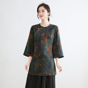 hh0304欢原创 圆领真丝滚边薯莨绸唐装香云纱秋季连袖中国风上衣