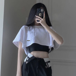 ins超火白色短袖t恤女夏高腰韩版潮宽松露肚脐小心机短款纯棉上衣