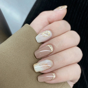 手工指甲贴片秋冬温柔轻奢奶茶晕染美甲成品可穿戴式新娘光疗甲片