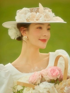 法式新娘赫本复古蕾丝花朵英伦名媛白色礼帽头饰女礼服婚纱帽子春