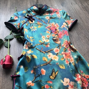 真丝旗袍夏季2018新款女装修身短款复古时尚少女性感现代连衣裙
