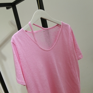 水粉色短袖锁骨t恤宽松v领休闲宽松韩版ins潮女半袖上衣纯棉