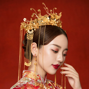 中式新娘秀禾服头饰大气古代皇后结婚发饰步摇流苏古装秀禾凤冠女