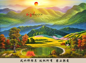fj1006山水风景日出湖泊背有靠山油画客厅沙发背景壁画有山无水画