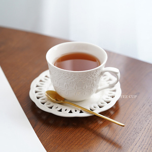 小清新浮雕蕾丝镂空碟陶瓷下午茶咖啡杯碟套装 英式红茶杯200ML