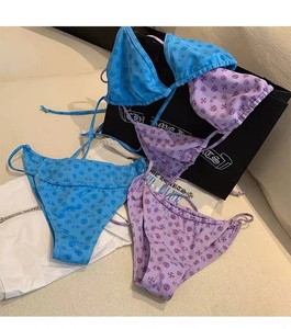 特价女游泳衣比基尼分体字母三点式系绳完全泳装网红性感小胸紫蓝