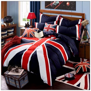 纯棉美式英伦风蓝色简约男孩地中海全棉被套床单四件套米字旗国旗
