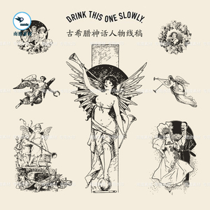 欧美复古希腊神话人物天使线稿图案插画ai矢量平面免抠图设计素材