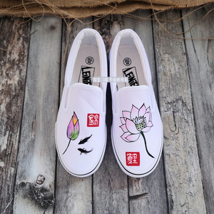 帆布鞋女一脚蹬夏手绘小白鞋中国风荷花涂鸦爆改diy学生汉服单鞋