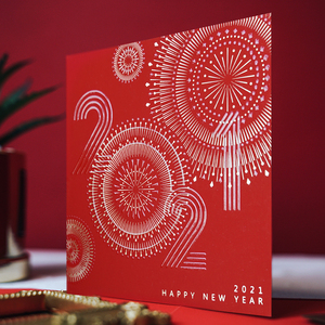 白夜2021春节新年贺卡中国风烟花对折式祝福感恩感谢送礼生日卡片