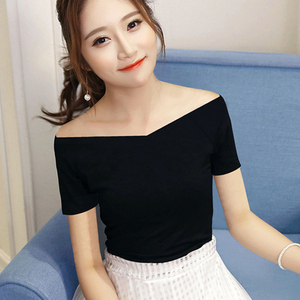 韩国一字领短袖t恤女性感露肩紧身大v领上衣2020新款学生打底衫夏
