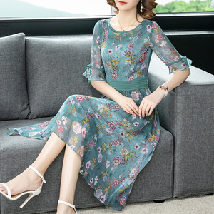 阔太太桑蚕丝连衣裙2020新款复古高腰真丝女夏季妈妈装中长款裙子