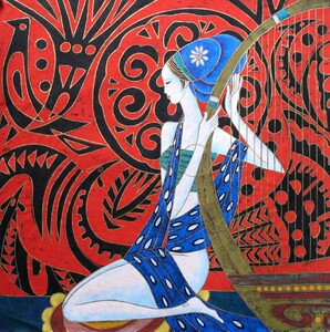 云南重彩画民族特色人物画手绘三尺斗方现代玄关卧室装饰壁画挂画