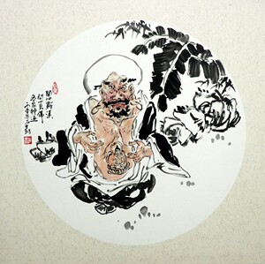 手绘真迹客厅茶室装饰画圆形斗方国画写意人物作品原稿开心罗汉