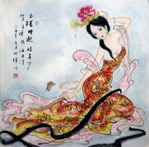 手绘真迹国画水墨人物画美容院装饰画四尺斗方古代贵妃美女仕女图